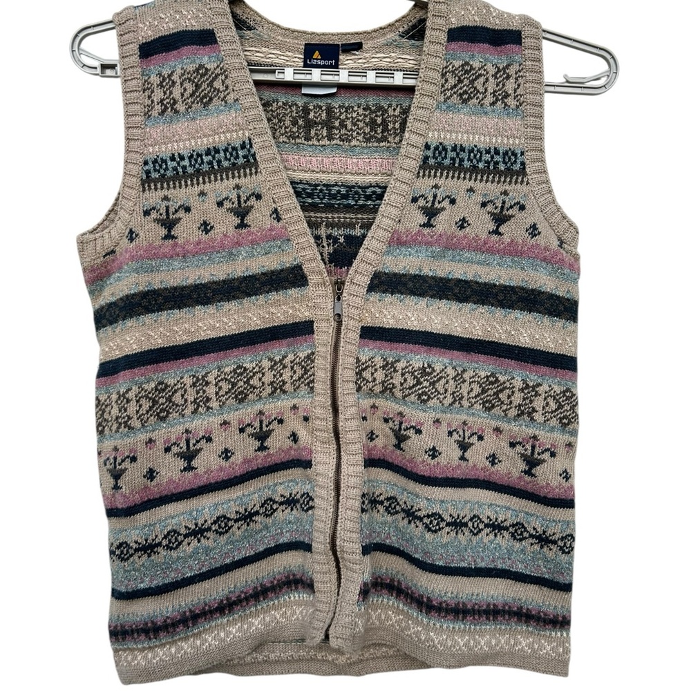Vintage 80s Lizsport Fair Isle Sweater Vest Full Zip Women’s XL Grandma Chic EUC